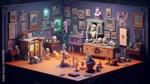 Tiny cute isometric art image of a room full of works of art, spooky style