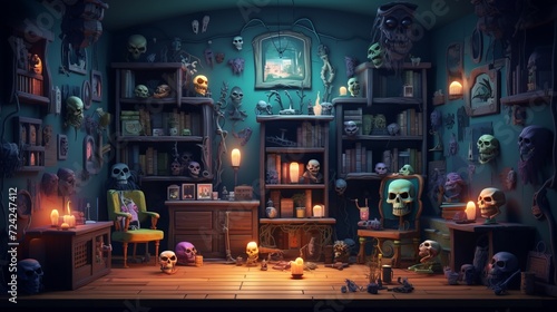 Tiny cute isometric art image of a room full of works of art  spooky style