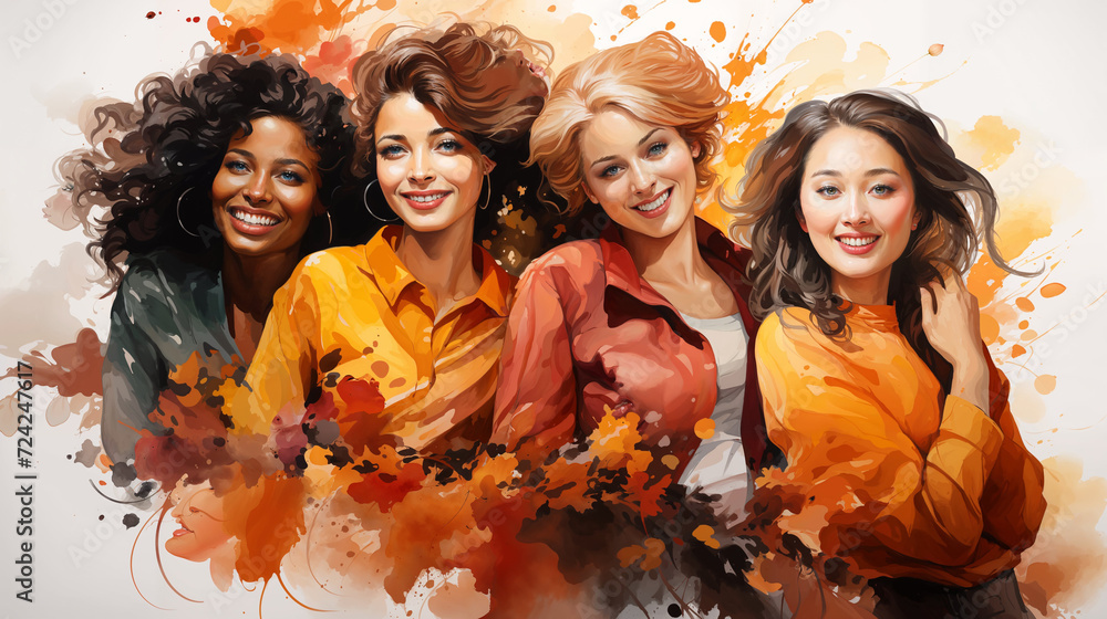Women's day concept. Expressive woman enjoying freedom and connection with diverse multiracial friends