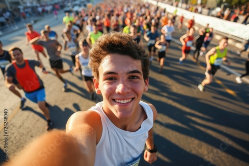 Young happy marathon runner is taking selfie during a marathon run