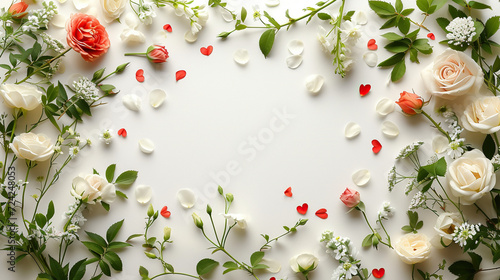 Flower cards with frame made of white flowers and green petals with hint of red hearts, happy valentines day, mothers day, wedding cards on white background