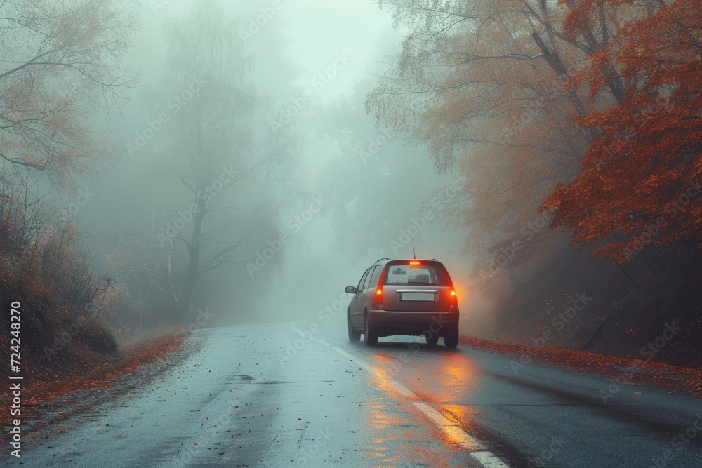 Dangerous winter road traffic in fog car on the road in autumn