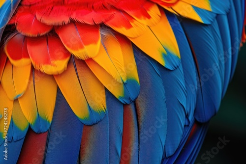 Scarlet macaw feathers in vibrant red yellow orange and blue shades complement an exotic nature backdrop with texture