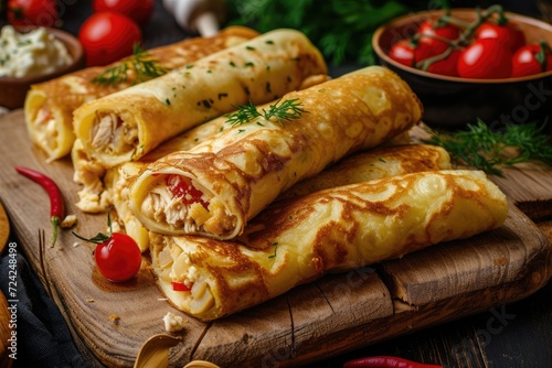 Traditional Russian Shrovetide meal Chicken and cheese filled pancakes crepes photo