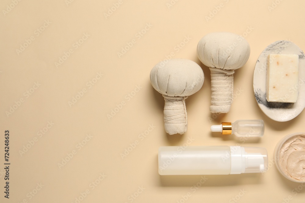 Bath accessories. Flat lay composition with personal care products on beige background, space for text Bath accessories. Flat lay composition with personal care products on beige background, space for text