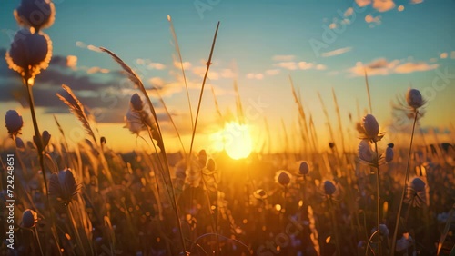 Grass field flower on sunset sky in golden hour. photo