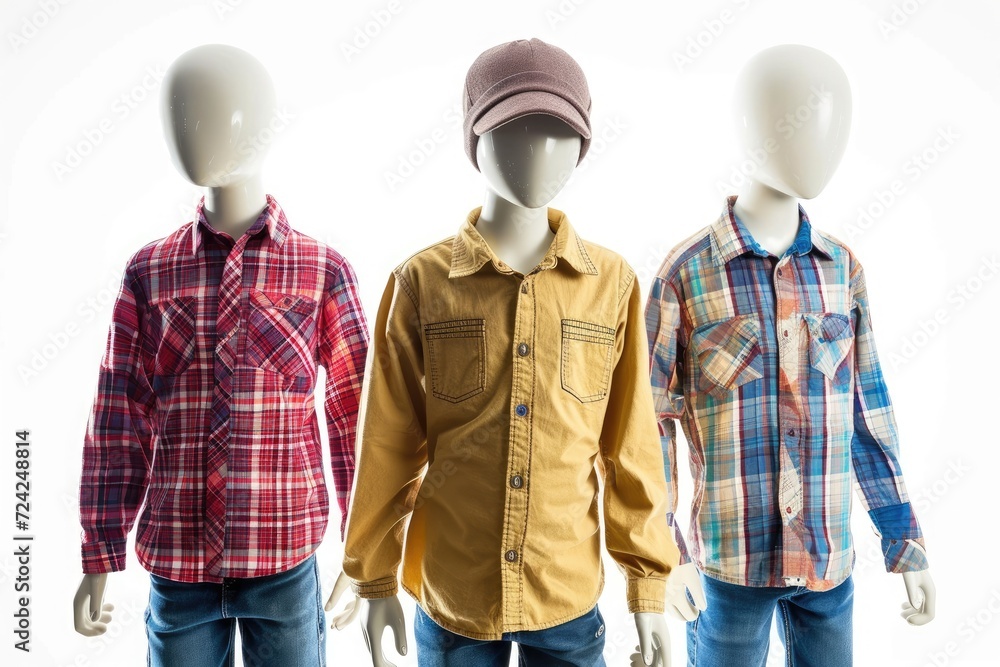 Three child mannequins wearing casual clothes standing alone against a white backdrop No branded objects or copyrighted elements Three child mannequins wearing casual clothes standing alone against a white backdrop No branded objects or copyrighted elements