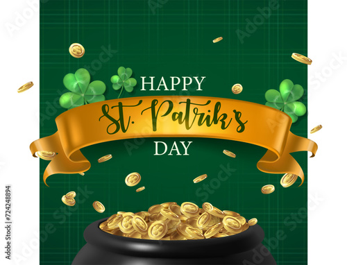 St. Patrick's day background. Green shamrocks, gold coins in couldron.
