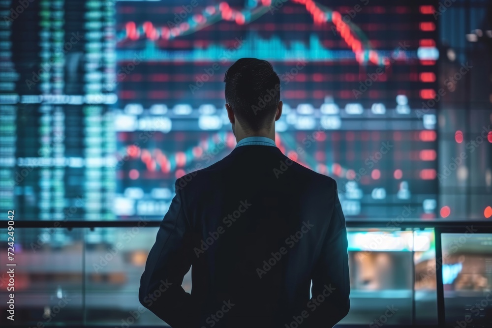 A sharply dressed man stands in front of a towering building, his suit immaculate as he studies a stock chart on his phone's bright screen, determined to make the right financial move A sharply dressed man stands in front of a towering building, his suit immaculate as he studies a stock chart on his phone's bright screen, determined to make the right financial move