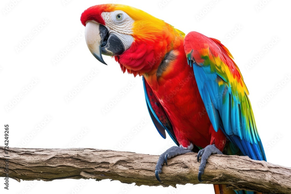 Colorful macaw parrot happily perched on a branch