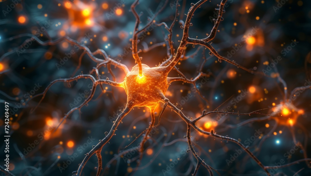 A tiny invertebrate nerve cell glows with vibrant life, revealing the intricate beauty of the animal kingdom's inner workings A tiny invertebrate nerve cell glows with vibrant life, revealing the intricate beauty of the animal kingdom's inner workings