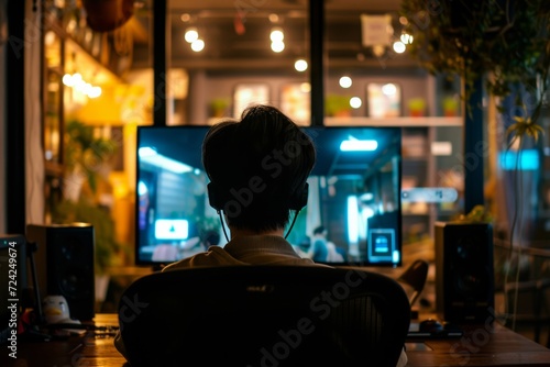 A lone figure sits at their desk, headphones on, immersed in the glow of their computer screen as the city lights twinkle outside, creating a stark contrast between the quiet indoors and bustling str
