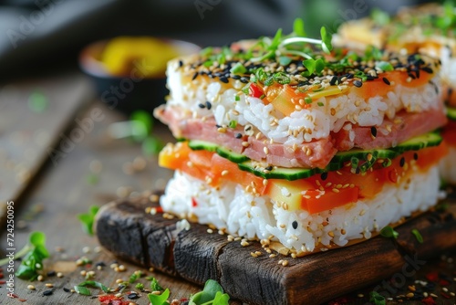 Colorful Japanese onigirazu sandwich with meat and veggies a healthy dinner idea