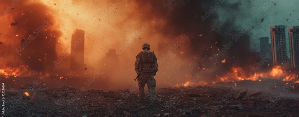 A brave soldier battles through the smoky field, his steps faltering in the face of pollution and heat, a firefighter in the midst of an outdoor explosion