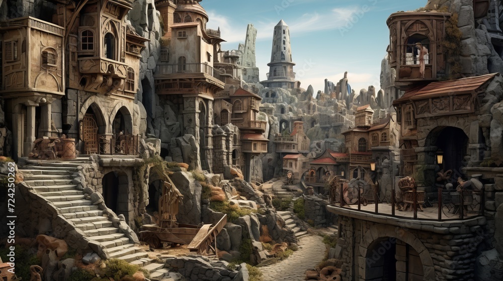 Naklejka premium street view of a city made entirely out of stone