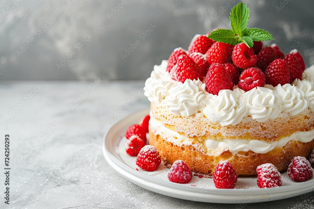 Latin American traditional cake tres leches with whipped cream fresh raspberries on gray concrete Ample room for copying Latin American traditional cake tres leches with whipped cream fresh raspberries on gray concrete Ample room for copying