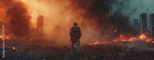 A brave soldier battles through the smoky field, his steps faltering in the face of pollution and heat, a firefighter in the midst of an outdoor explosion
