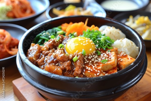 Korean food including yukgaejang bibimbap pork cutlet grilled spam fried rice tteokbokki and red bean shaved ice