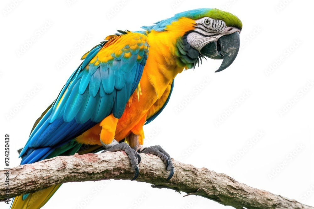 Parrot perched on white branch isolated