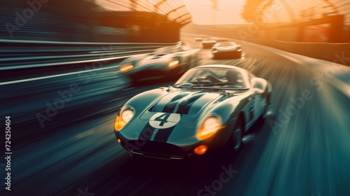 A fleet of sleek sports cars expertly navigate the winding track, their wheels gliding effortlessly over the pavement as they race towards the finish line, showcasing the perfect blend of automotive  photo