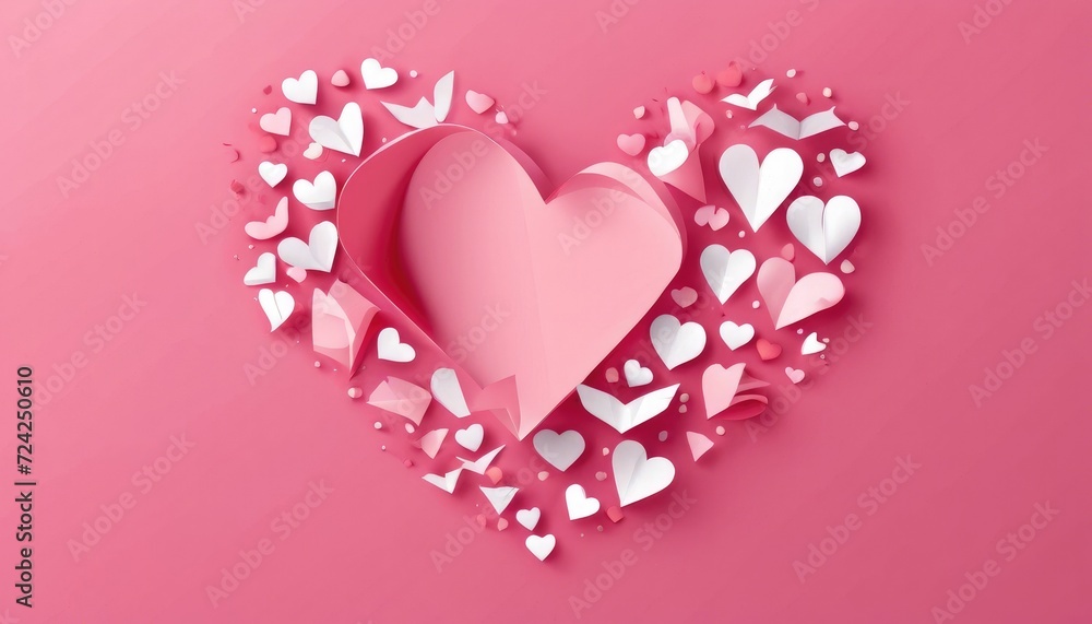 Love concept with paper hearts on pink background