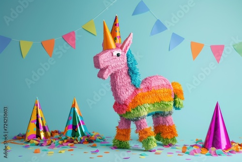 Colorful background with Mexican piñata and party hats