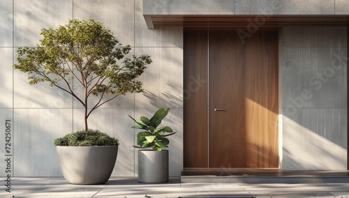 A vibrant houseplant, nestled in a flowerpot by the door, brings a touch of nature to the stark outdoor building, its roots reaching into the earth as it stands tall against the wall