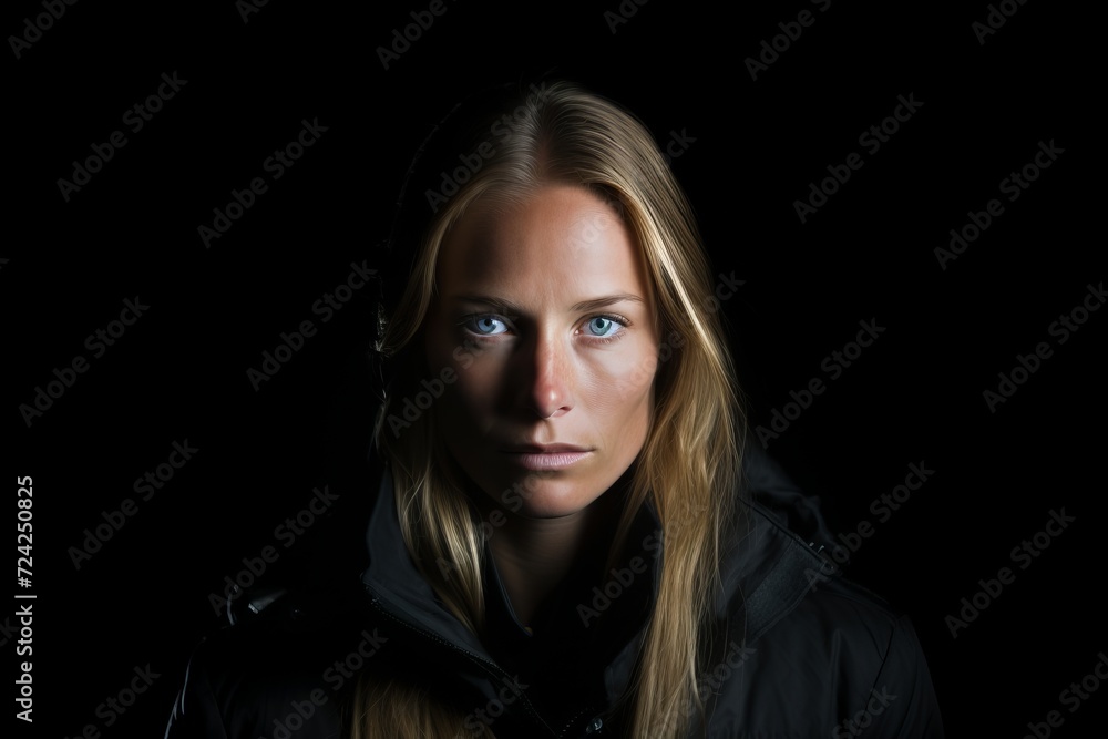 Portrait of a young woman in a black jacket on a black background Portrait of a young woman in a black jacket on a black background