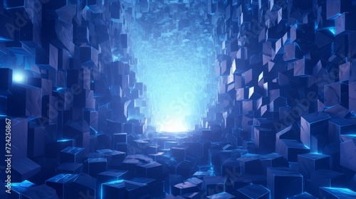 blue glowing giant iridescent blue tufa pyrite crystal cave grottes made of cubes and squares photo