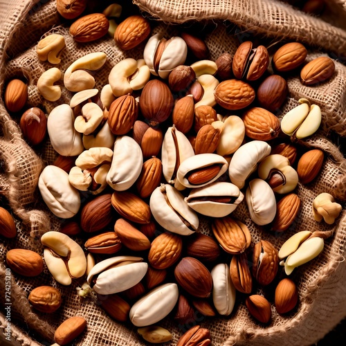 Raw Nut Mix on Sackcloth Background - A Gourmet Snack Option