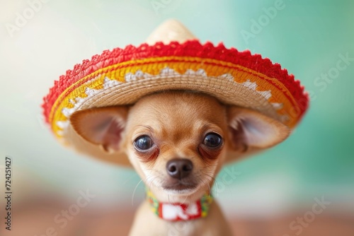 A small chihuahua wearing a sombrero hat photo