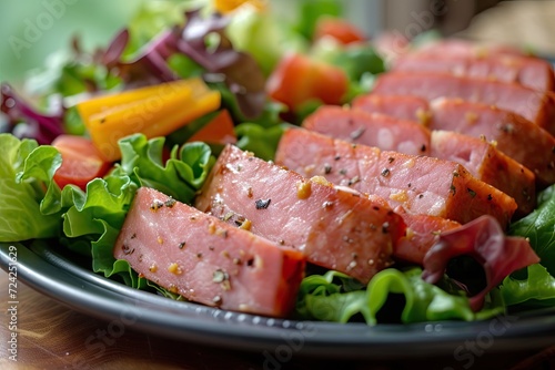Mustard covered sliced spam with a side salad
