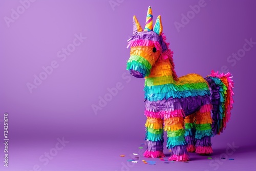 Colorful Mexican pinata on a purple background for birthdays
