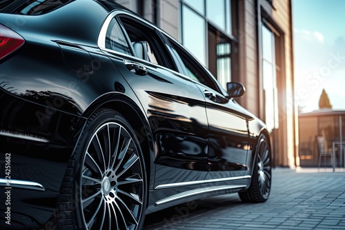 Exterior appearance of a sleek black luxury car parked outside featuring tinted windows chrome wheels and headlights