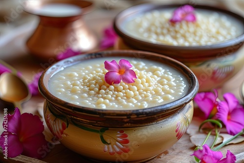 Indian sweet dessert made with tapioca pearls and cassava root commonly served during Mahashivratri Ram Navami and Diwali festivals photo