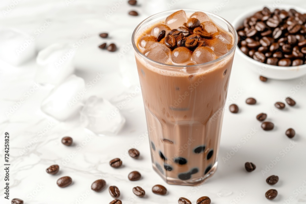 Cold asian coffee drink with tapioca and crushed ice on white marble background Cold asian coffee drink with tapioca and crushed ice on white marble background