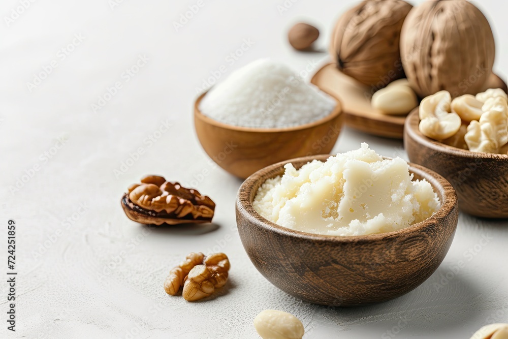 Shea butter and nut filled bowls on a bright backdrop Shea butter and nut filled bowls on a bright backdrop