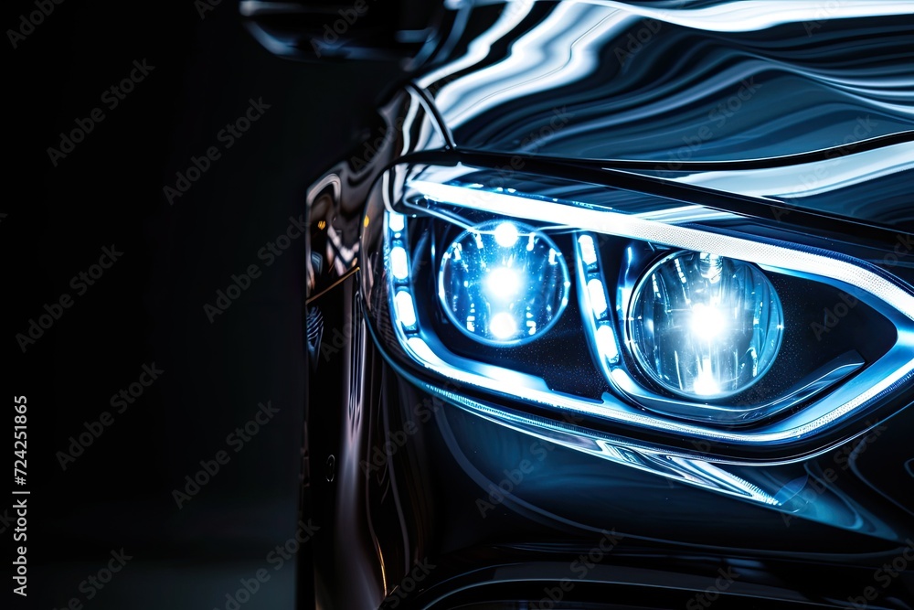 LED headlight on modern car with black background space for text on right