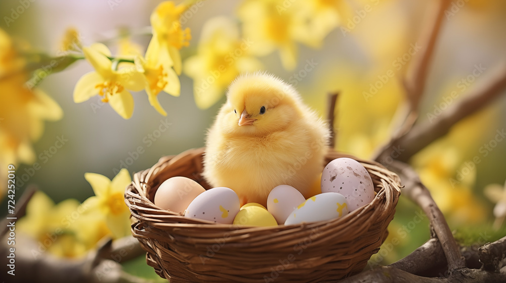 custom made wallpaper toronto digitalYellow fluffy chick in a basket of easter eggs with yellow flowers on the background