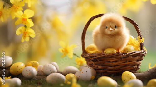 Wallpaper Mural Yellow fluffy chick in a basket of easter eggs with yellow flowers on the background Torontodigital.ca