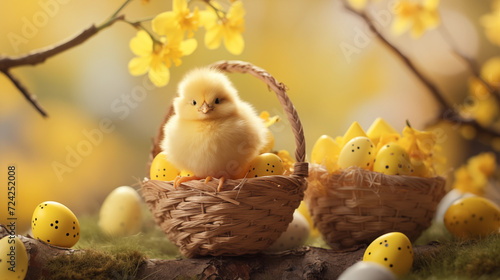 Wallpaper Mural Yellow fluffy chick in a basket of easter eggs with yellow flowers on the background Torontodigital.ca