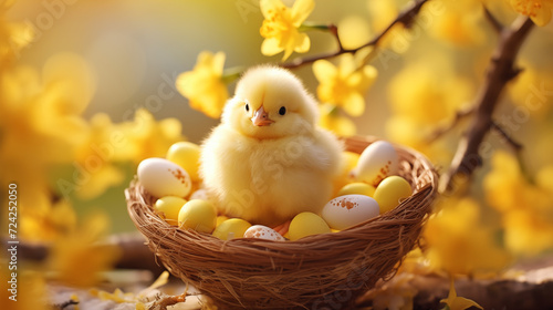 Wallpaper Mural Yellow fluffy chick in a basket of easter eggs with yellow flowers on the background Torontodigital.ca