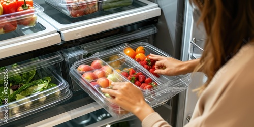 A woman is taking out a packed fruits and vegetables from the refrigerator photo