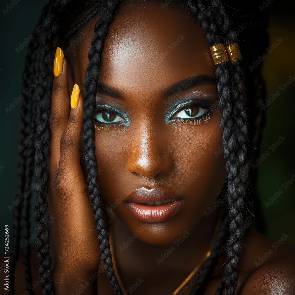 A striking woman with piercing blue eyes and long black braids gazes intensely at the camera, her flawless human face adorned with bold fashion accessories and defined eyebrows, capturing the essence A striking woman with piercing blue eyes and long black braids gazes intensely at the camera, her flawless human face adorned with bold fashion accessories and defined eyebrows, capturing the essence