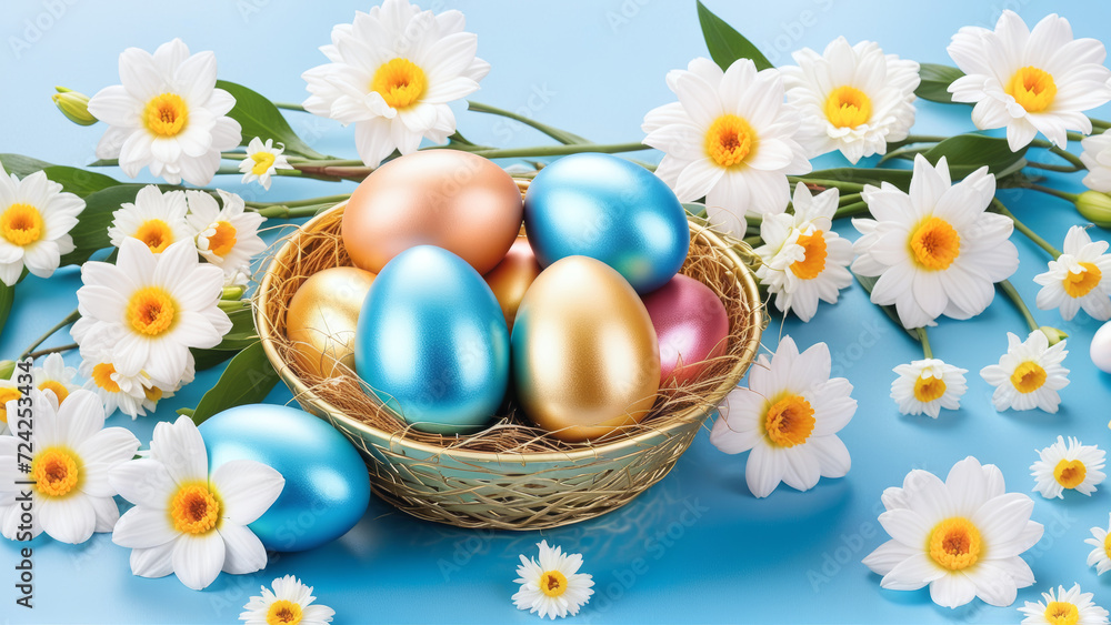 A basket filled with vibrantly colored Easter eggs is placed in the center of a cluster of daisies