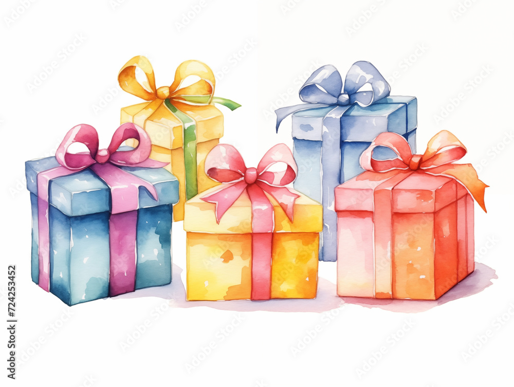 Illustration of Watercolor Gift Box Scene on White Illustration of Watercolor Gift Box Scene on White