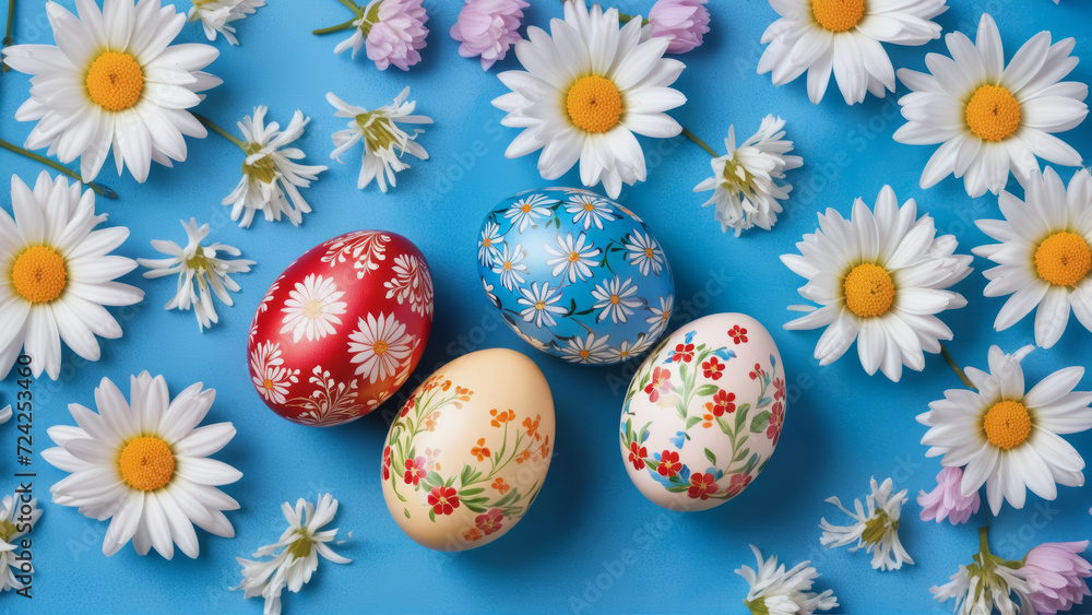 Three brightly colored eggs painted with different patterns placed amidst a vibrant display of daisies Three brightly colored eggs painted with different patterns placed amidst a vibrant display of daisies