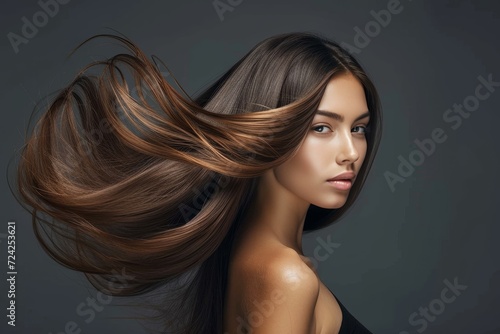 A fashion model with long brown hair strikes a confident pose against a stylish indoor wall backdrop, showcasing her flawless makeup and trendy fashion accessories in this stunning portrait photo