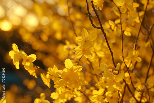 A forsythia bush in full bloom, bathed in the golden glow of the evening sun, radiating warmth and vibrancy