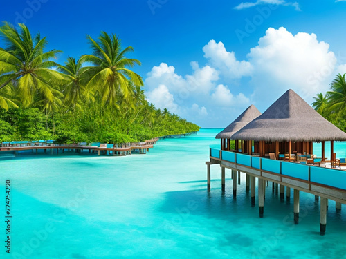 Tropical water villas on wooden jetty in Maldives. Tropical island with bungalows in the ocean